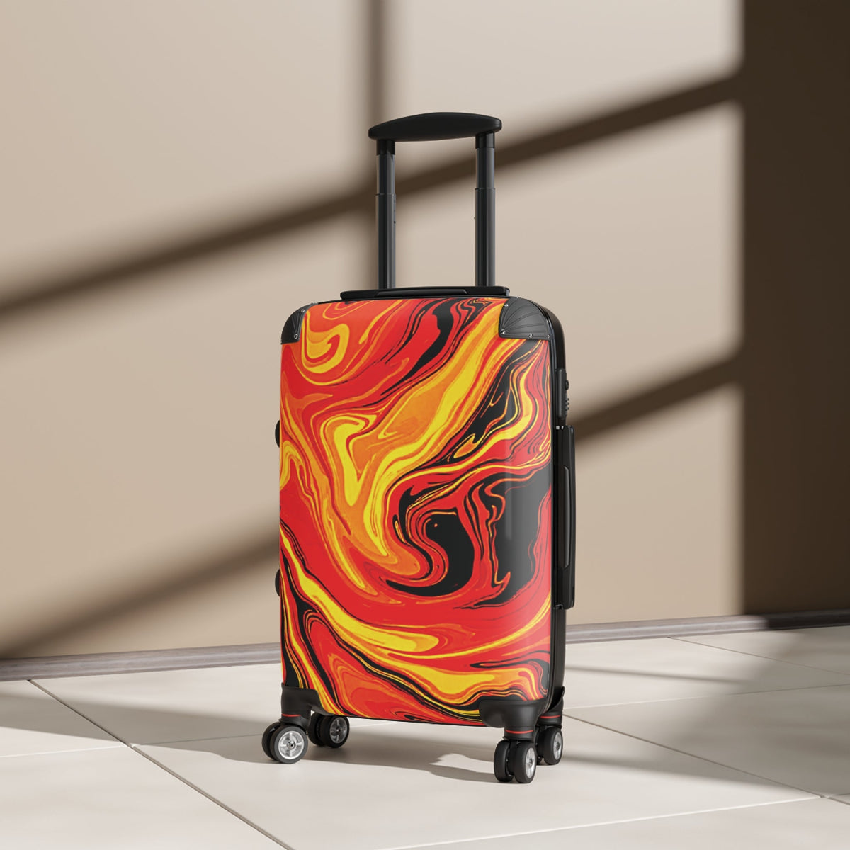 Valise cabine marbre ardent — Bagage tourbillonnant rouge et jaune audacieux