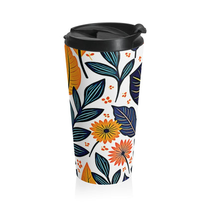 Mug de voyage floral feuillage d'automne | Motif feuilles orange et bleu
