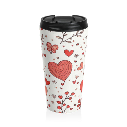 Mug de voyage cœurs dessinés à la main | Papillon et fleurs Saint-Valentin en acier inoxydable