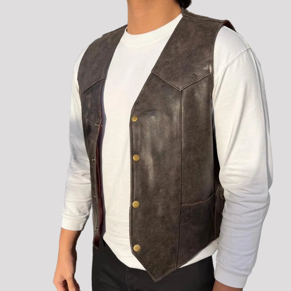 Gilet motard en cuir de buffle pour homme. Gilet à lacets latéraux ajustables