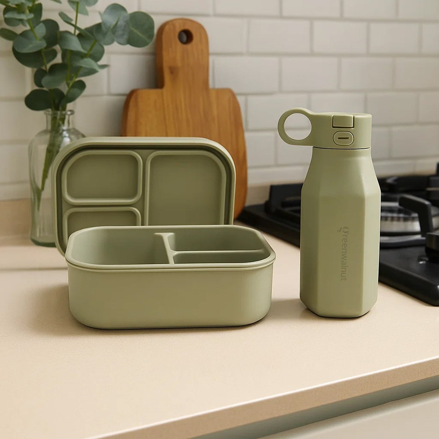 Ensemble boîte à bento en silicone et bouteille d'eau – Récipient alimentaire antifuite à 3 compartiments pour enfants et adultes