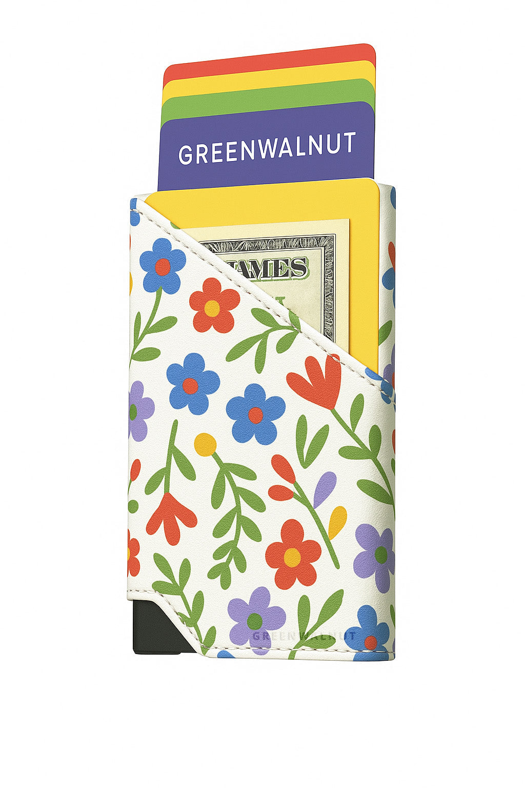 Porte-cartes Pop-Up Fin | Porte-cartes de crédit en aluminium à motif floral | Porte-cartes de crédit minimaliste anti-RFID à éjection automatique