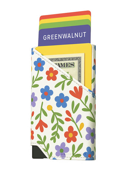 Porte-cartes Pop-Up Fin | Porte-cartes de crédit en aluminium à motif floral | Porte-cartes de crédit minimaliste anti-RFID à éjection automatique