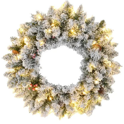 24-Inch Flocked Christmas Wreath with Lights – Green Pine Cones & Berries Holiday Decor (United States & Canada Delivery Only)