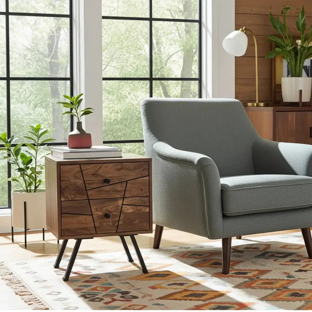 Mid-Century Acacia Wood Side Table with 2 Drawers