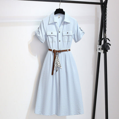 Women’s Summer Waist-Cinching A-Line Shirt Dress – Casual Button-Up Flare Dress