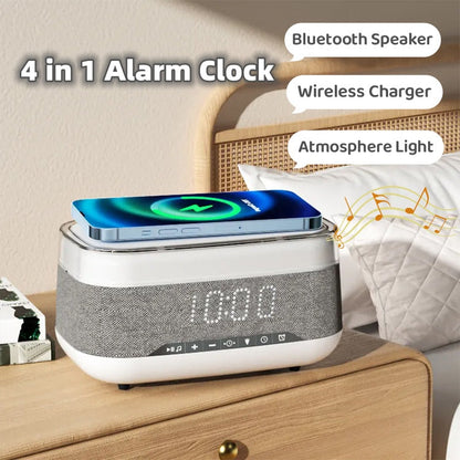 Réveil intelligent multifonctionnel Haut-parleur Bluetooth Chargeur sans fil Chargement rapide Horloge Lumière d'ambiance Décoration intérieure