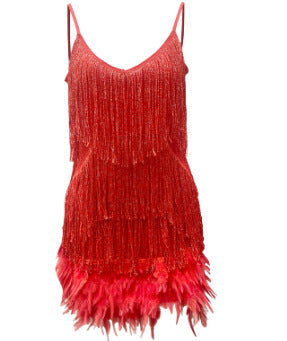 Robe courte à sequins avec plumes et franges pour femme – Robe de soirée à col en V et bretelles spaghetti