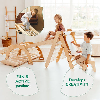 Ensemble Cadre d'Escalade Montessori 6-en-1 : Échelle Triangulaire + Arche/Bascule + Toboggan/Rampe + Filet + Coussin + Ajout Artistique