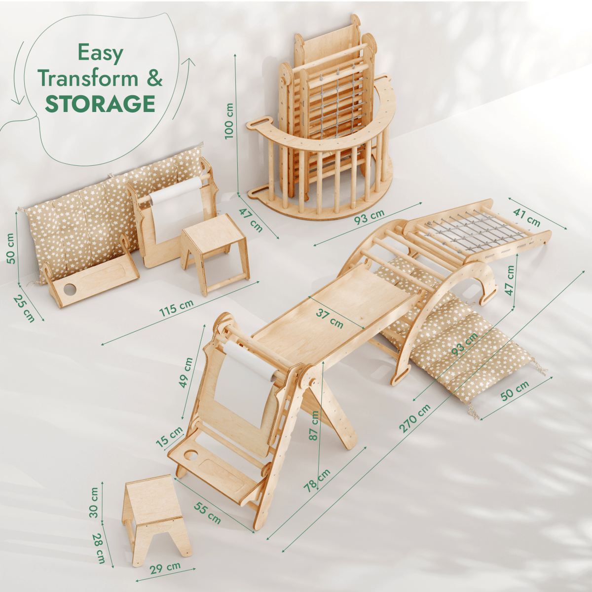 Ensemble Cadre d'Escalade Montessori 6-en-1 : Échelle Triangulaire + Arche/Bascule + Toboggan/Rampe + Filet + Coussin + Ajout Artistique