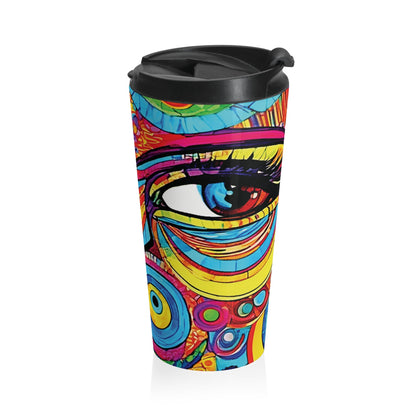 Mug de Voyage Visage Abstrait Coloré — Gobelet Vibrant en Acier Inoxydable Psychédélique