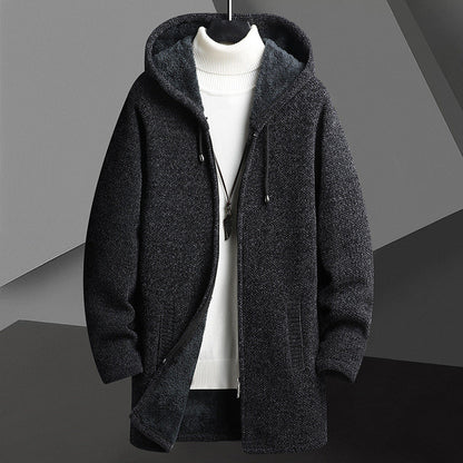 Men’s Fleece-Lined Hooded Cardigan Sweater – Mid-Length Zip-Up Winter Jacket