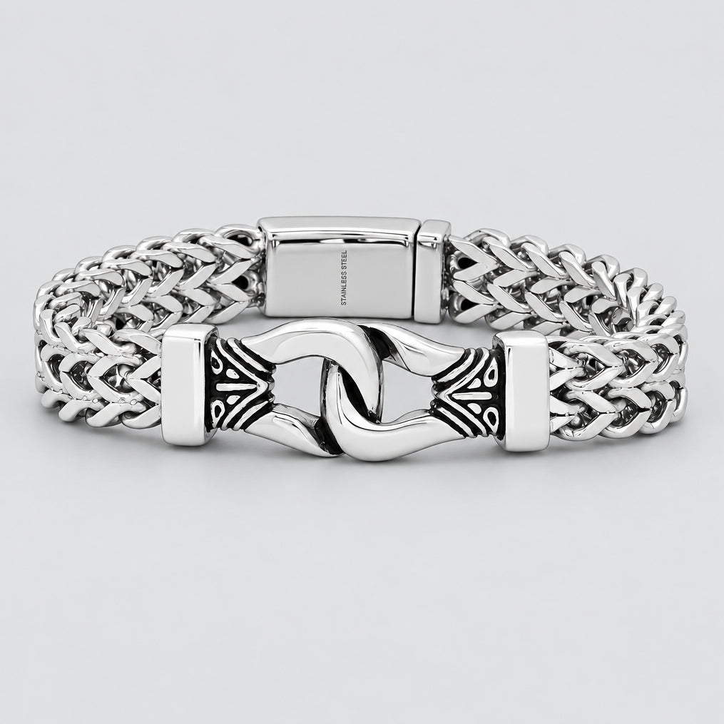 Men’s Stainless Steel Double Row Wheat Chain Bracelet. Biker Buckle Design
