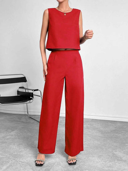 Ensemble deux pièces pour femme : haut court sans manches à col rond et pantalon large – Tenue décontractée unie pour le bureau