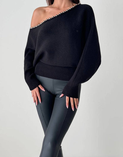 Chandail en tricot à épaules dénudées - Noir