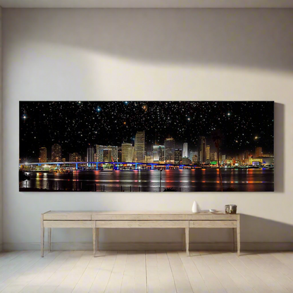 Miami la nuit - Skyline de la ville - Décoration murale sur toile - Vernis RGB