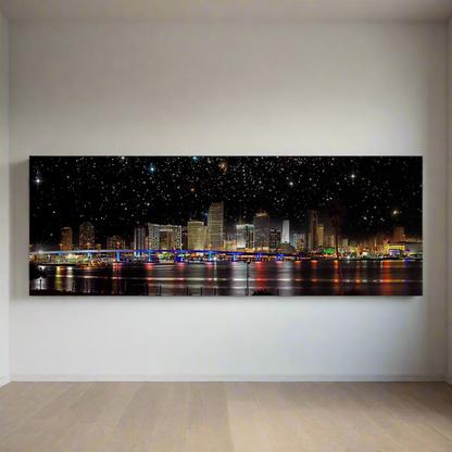 Miami la nuit - Skyline de la ville - Décoration murale sur toile - Vernis RGB