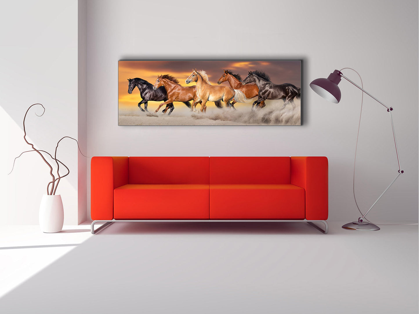 Équipe de cinq chevaux - Toile d'art animalière - Vernis doré