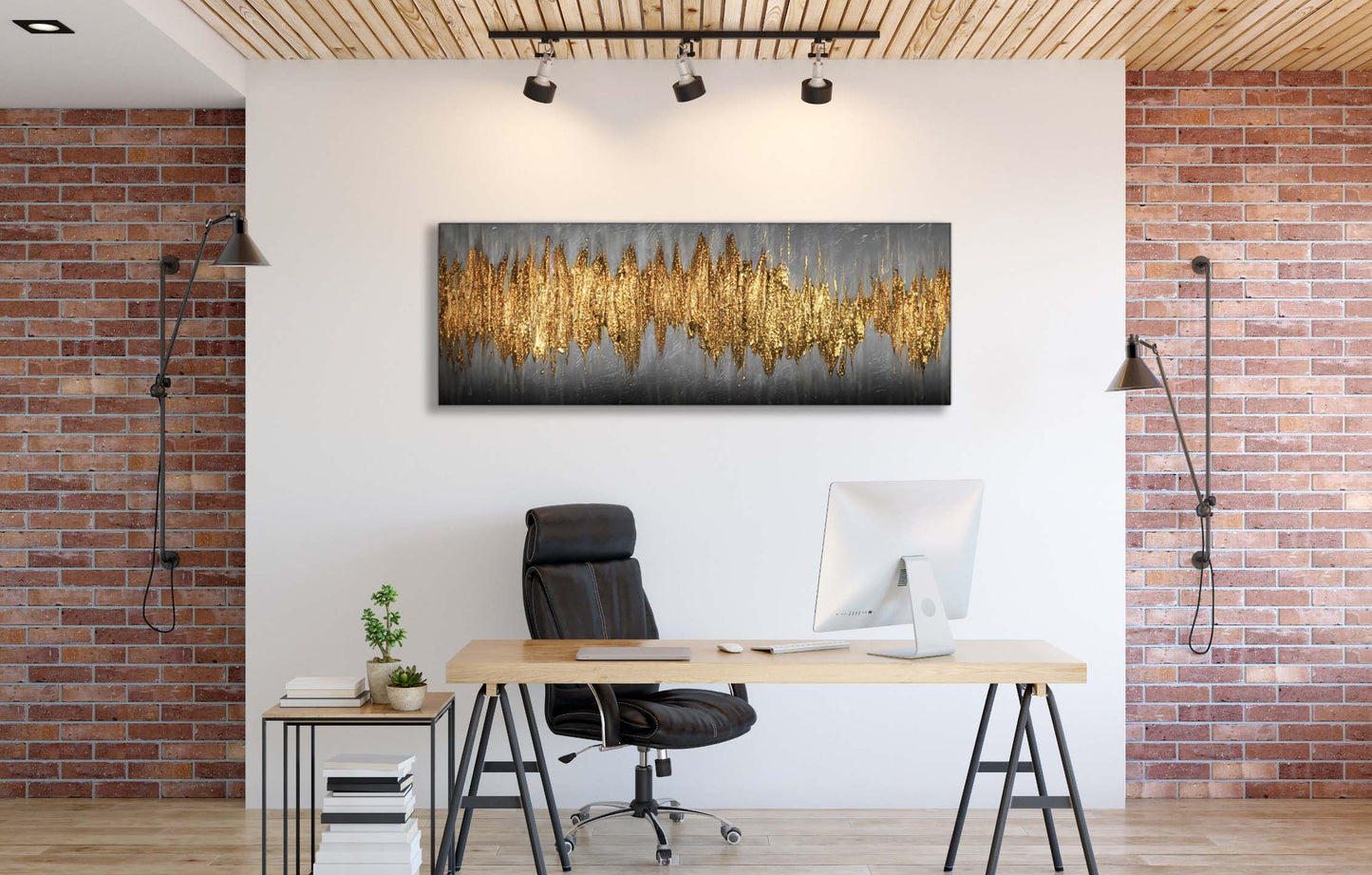 Grande œuvre d'art abstraite dorée - Art mural sur toile - Beaux-arts