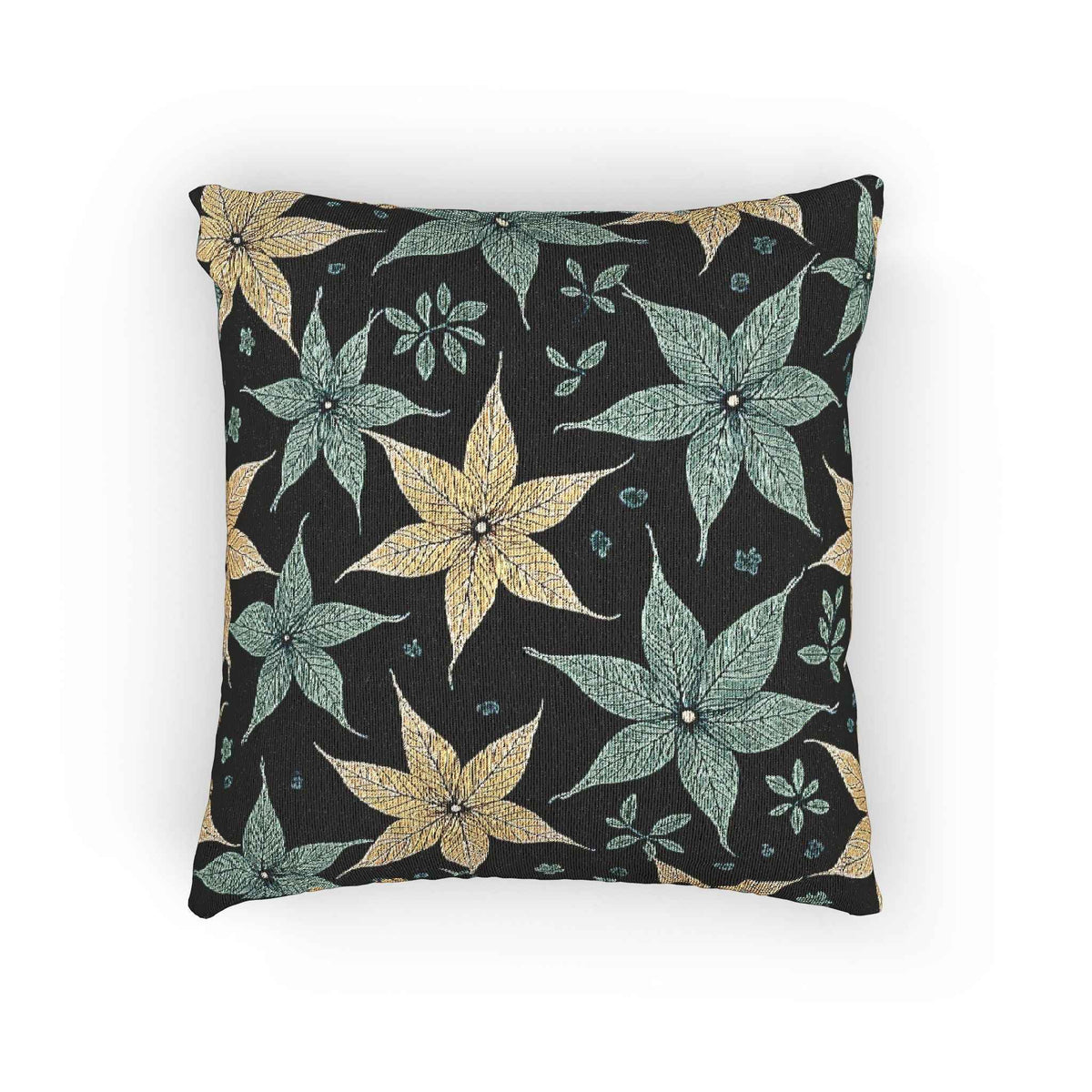 Coussin tissé à motif floral étoile | Coussin décoratif floral sarcelle et or