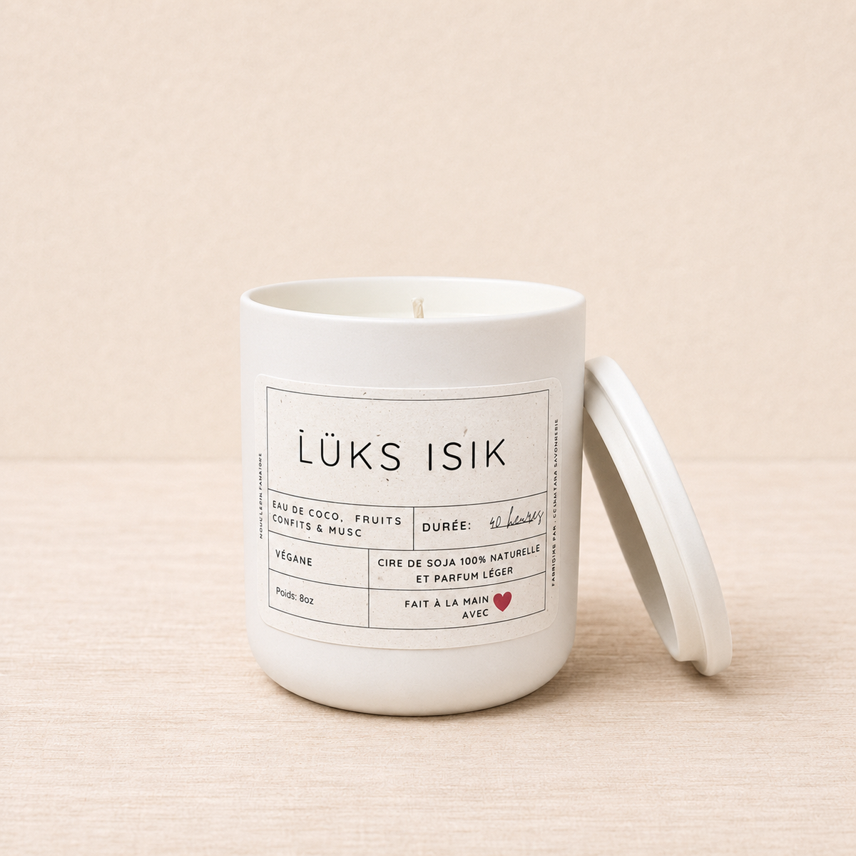 Bougie de soja LÜKS ISIK eau de coco,  fruits confits et musc
