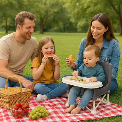 Chaise portable pour bébé | Chaise de camping avec tablette amovible (grise)