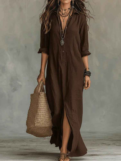 Robe longue à manches longues, décontractée, de couleur unie, col revers, fente latérale, robes de plage, vêtements pour femmes