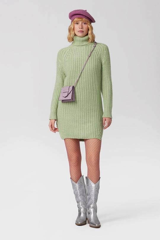 Mini-robe pull en maille col roulé avec fentes latérales - Menthe