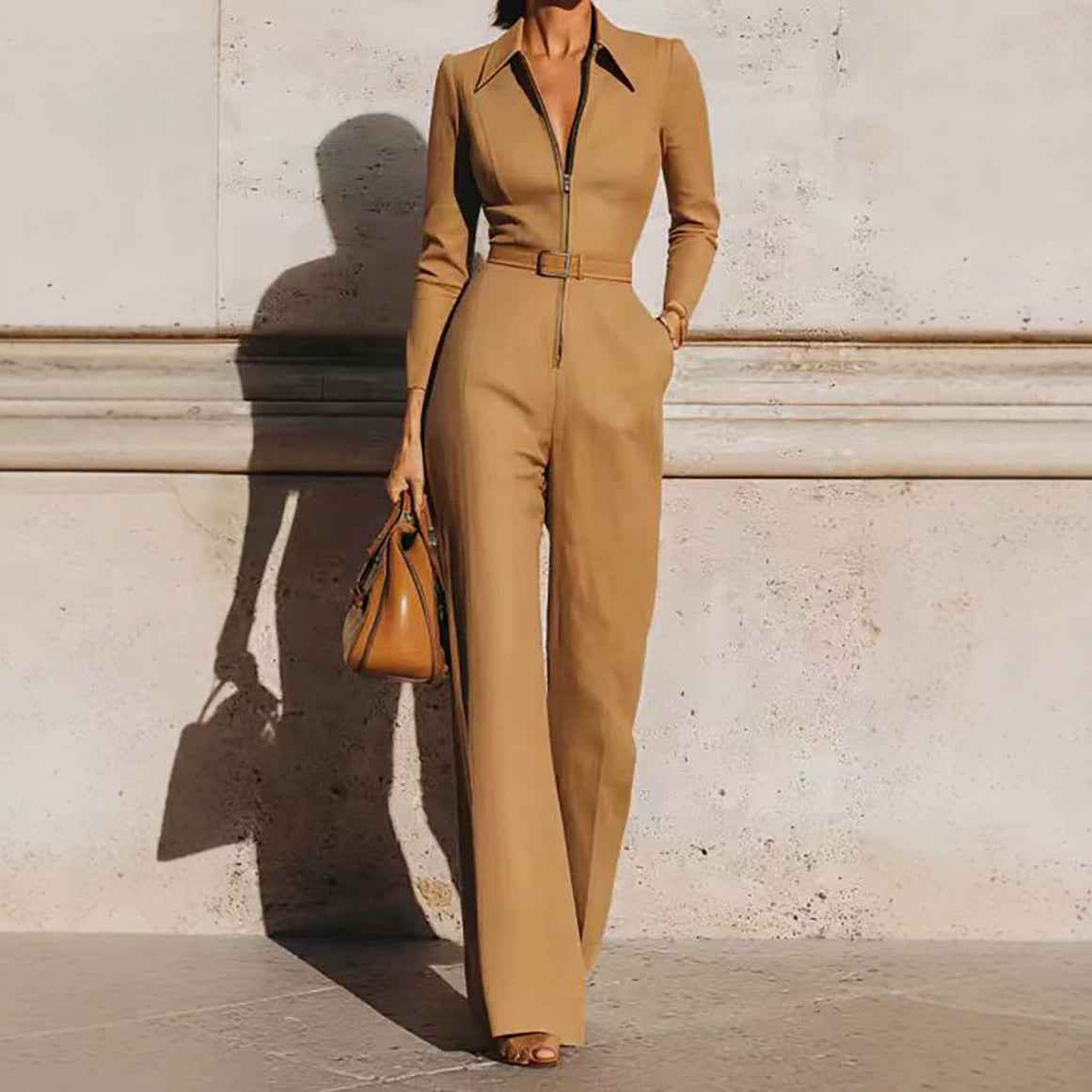 Combinaison femme automne-hiver à col en V et ceinture – Modèle une pièce à manches longues, fermeture zippée et jambes droites