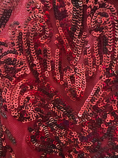 Robe longue sirène sans manches en maille et sequins avec décolleté en V profond - Bordeaux