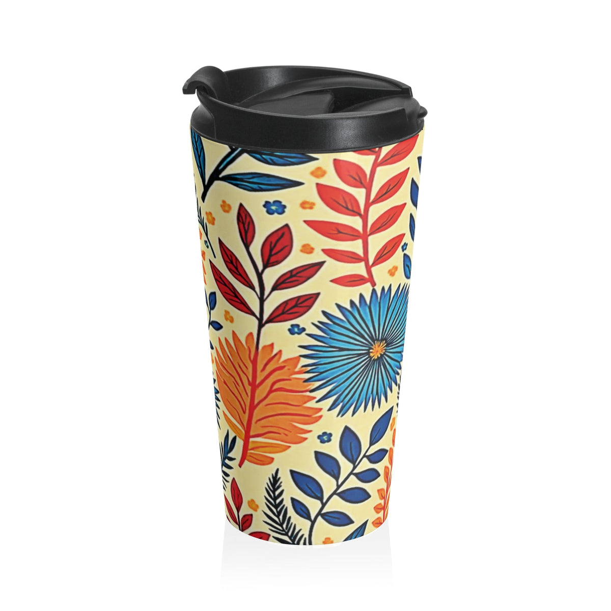 Tasse de voyage en acier inoxydable motif floral coloré | Botaniques bleues et oranges