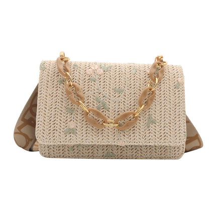 Petit sac bandoulière carré en paille pour femme avec chaîne en acrylique