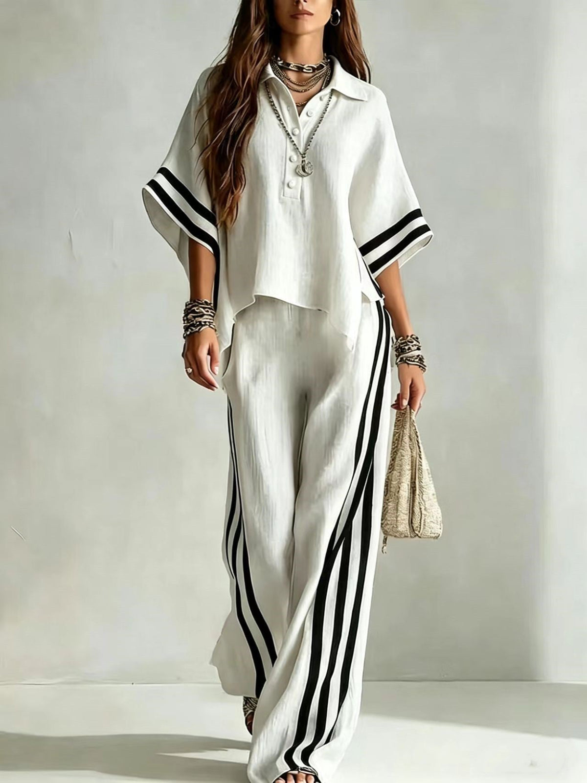 Ensemble deux pièces chemise à manches courtes et pantalon ample pour femme