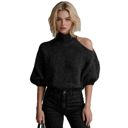 Pull en maille à épaules dénudées pour femme – Pull automne-hiver à col montant avec détail épaules découvertes
