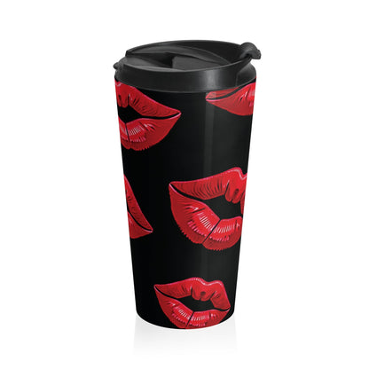 Mug de voyage à motif Baiser de rouge à lèvres rouge | Acier inoxydable noir