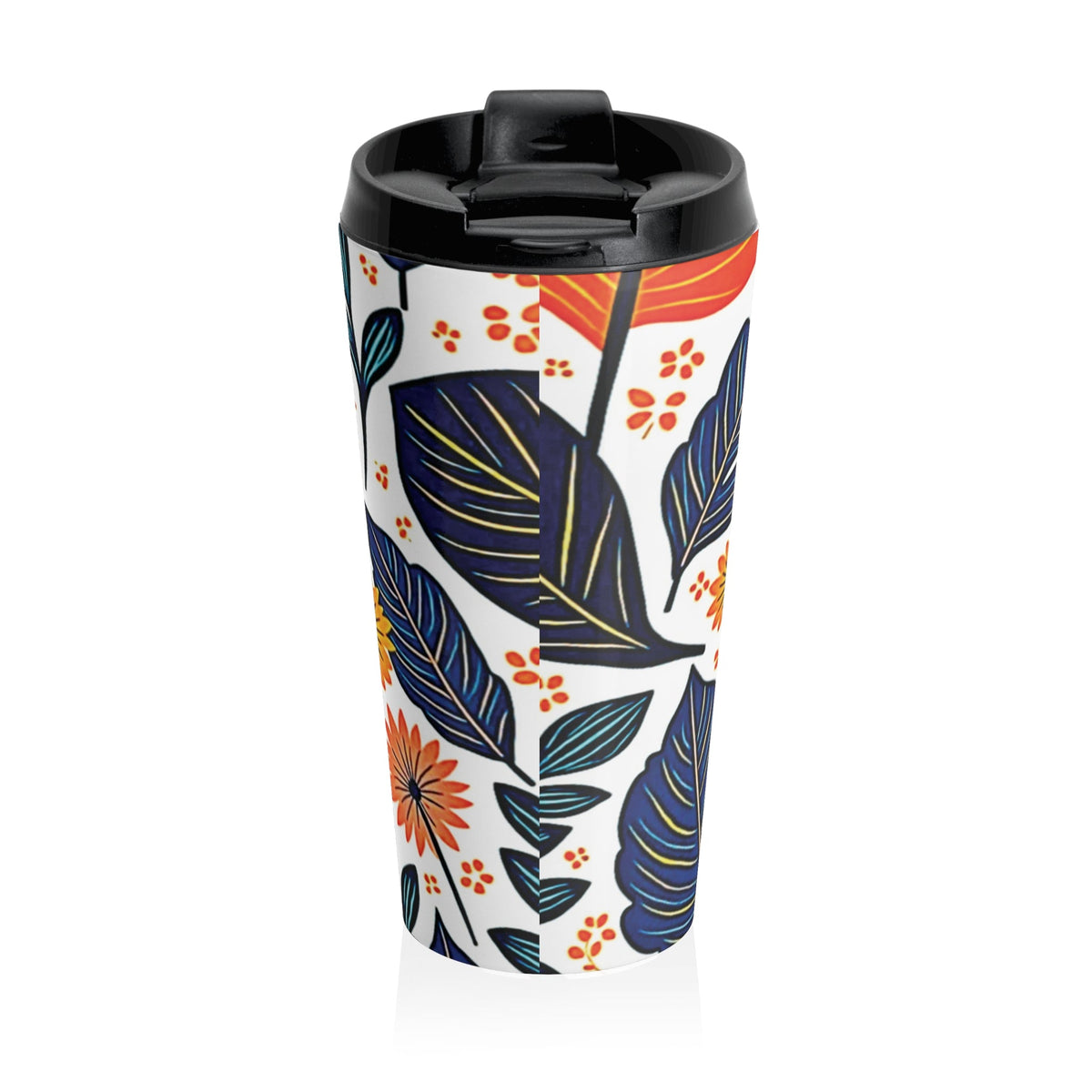 Mug de voyage floral feuillage d'automne | Motif feuilles orange et bleu