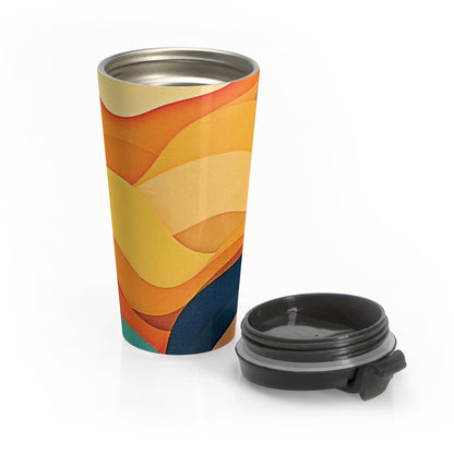 Mug de voyage en acier inoxydable Vagues au coucher du soleil — Design rétro abstrait orange et jaune