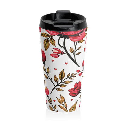 Mug de voyage à motif floral roses rouges | Gobelet isotherme en acier inoxydable