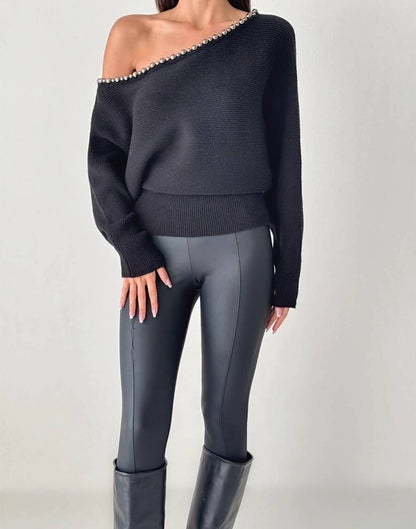 Chandail en tricot à épaules dénudées - Noir