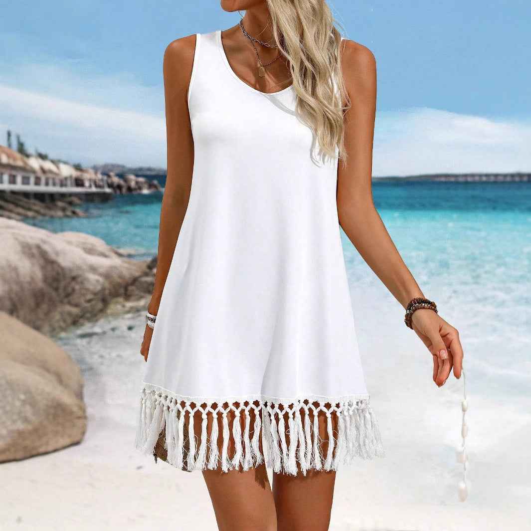 Robe mi-longue asymétrique sans manches à pompons, style européen et américain, pour femme, couleur unie