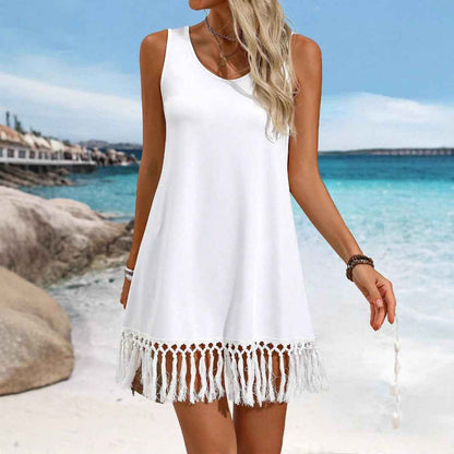 Robe mi-longue asymétrique sans manches à pompons, style européen et américain, pour femme, couleur unie