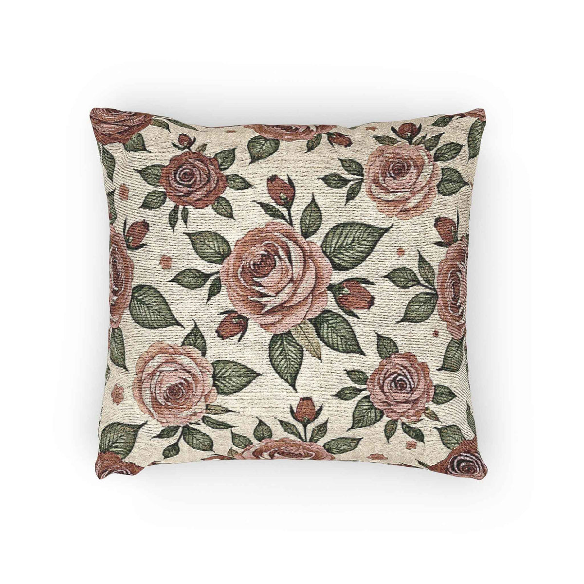 Coussin tissé motif rose vintage | Coussin décoratif tapisserie rose