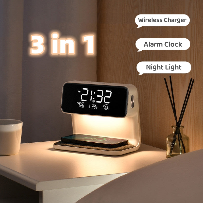 Lampe de Chevet Créative 3 en 1, Charge sans Fil, Écran LCD, Réveil, Chargeur de Téléphone sans Fil