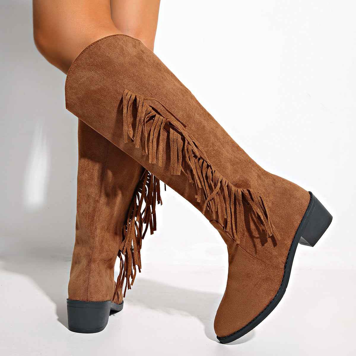 Bottes hautes à pompons pour femme – Bottes mode en daim à bout pointu