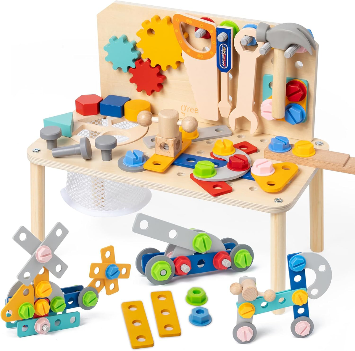 Wooden Kids Tool Bench Set – 40+ Piece STEM Builder Workshop with Gears, Nuts & Bolts | Montessori Toy for Kids Ages 3+