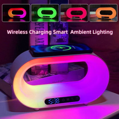 Lampe de bureau LED multifonction 3 en 1, veilleuse à commande par application, atmosphère RGB, chargeur sans fil intelligent et réveil.