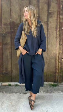 Ensemble 2 pièces à manches longues, haut ample à col en V et pantalon large taille haute avec poches pour femme