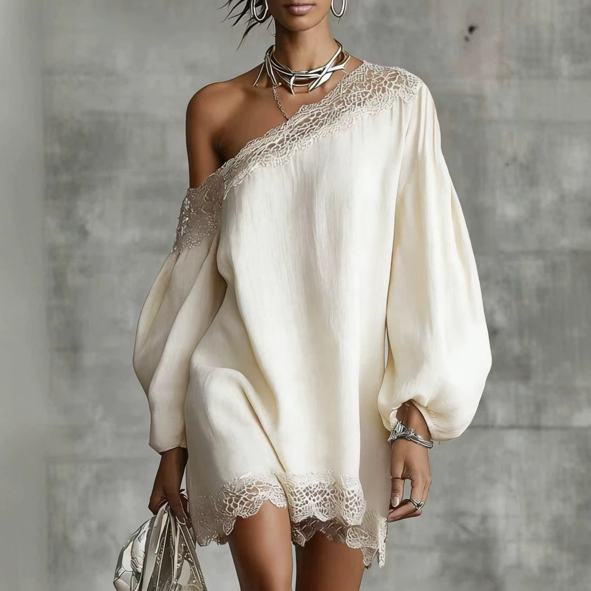 Robe courte à épaules dénudées et manches longues pour femme | Robe à garniture en dentelle