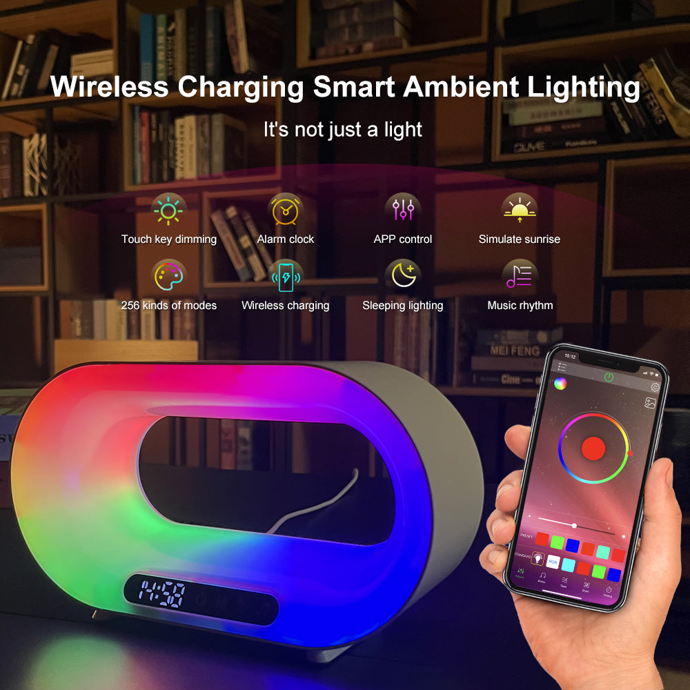Lampe de bureau LED multifonction 3 en 1, veilleuse à commande par application, atmosphère RGB, chargeur sans fil intelligent et réveil.