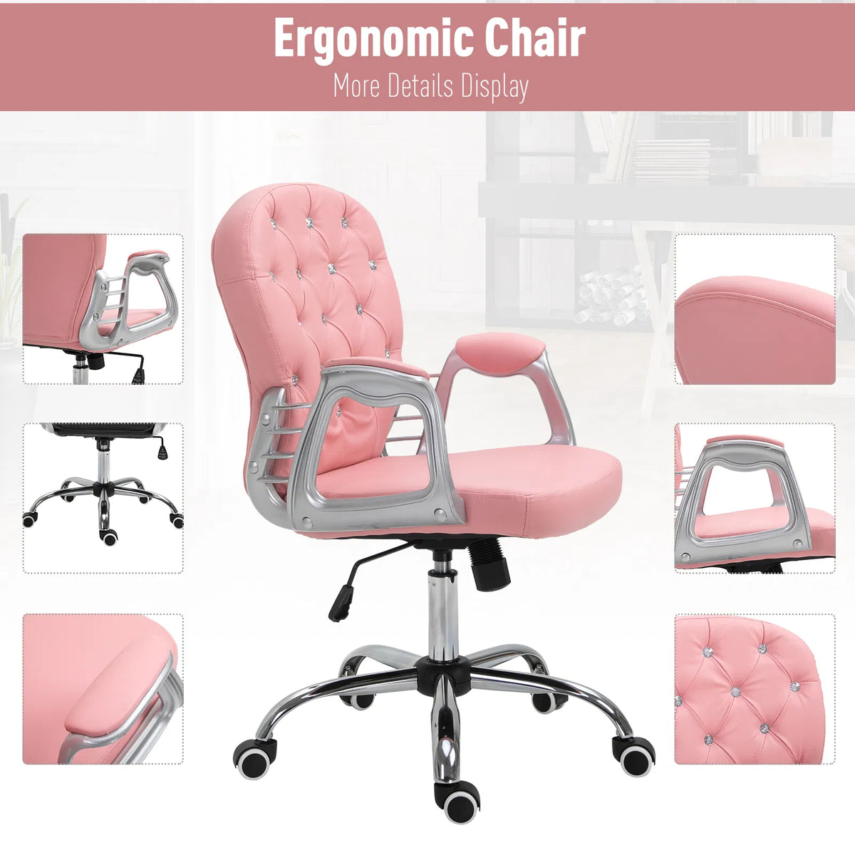 Chaise de bureau rose – Chaise d'ordinateur à hauteur réglable avec dossier capitonné (livraison aux États-Unis et au Canada uniquement)